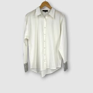 Retrofête White Crystal Rhinestone Embellished Cuff Button Down Shirt Top XS